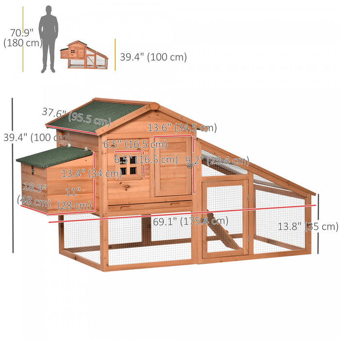 Pawhut 69\" Chicken Coop Wooden Hen House Rabbit Hutch Poultry Cage Pen Outdoor Backyard With Outdoor Run Nesting Box Removable Tray Waterproof Asphalt Roof Lockable Door Yellow