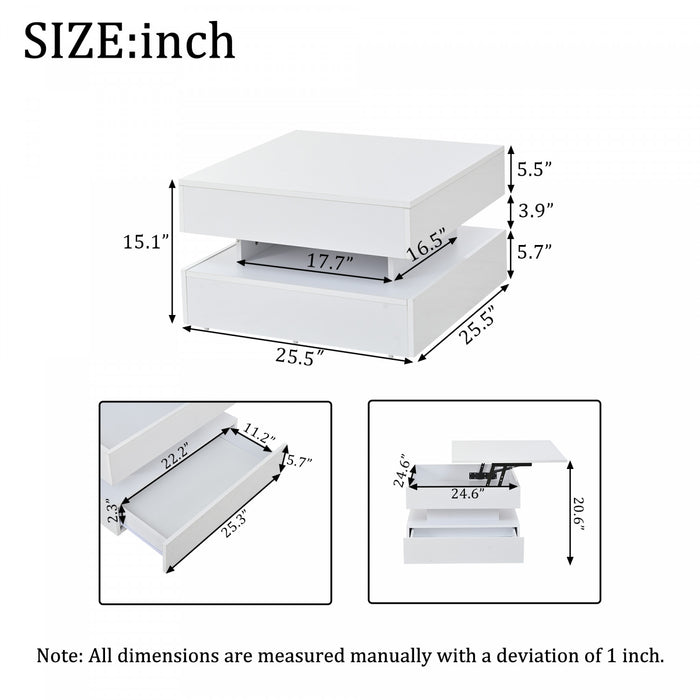 Lumina 25.5 Inch Square Lift-Top Coffee Table with LED Lights and Dual Drawers, White