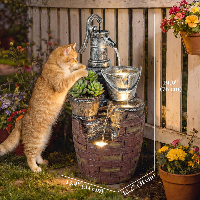 Outsunny Outdoor Fountain with 4-Tier Jugs, Garden Fountain with LED Lights