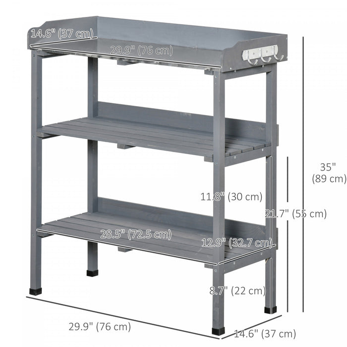 Outsunny Outdoor Potting Bench, Wooden Potting Table W/ Hooks, Grey