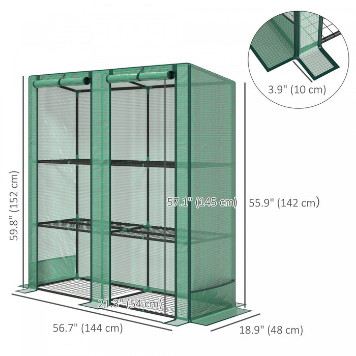 Outsunny Lean-to Mini Greenhouse With 3 Tier Shelves, Roll-up Doors, Green
