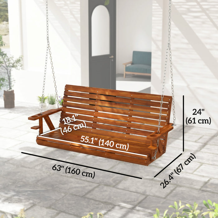 Outsunny 5 FT Wooden Porch Swing 3-Seater with Cupholders, Carbonized