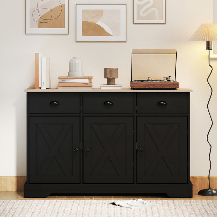 HOMCOM 46.5\" Sideboard Buffet Cabinet with 3 Barn Doors and 3 Drawers Black