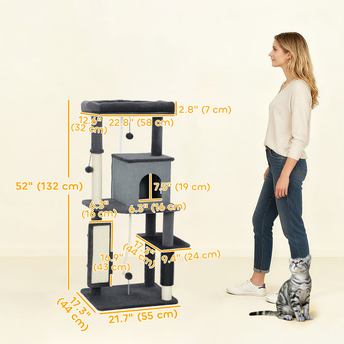 PawHut Cat Tree for Large Cat Adults, 52 Inch Cat Tower for Indoor Cats w/ Scratching Posts, Cat Bed, Condo, Grooming Brush, Jumping Platforms, Toy Balls, Anti-tip Kit, Dark Grey