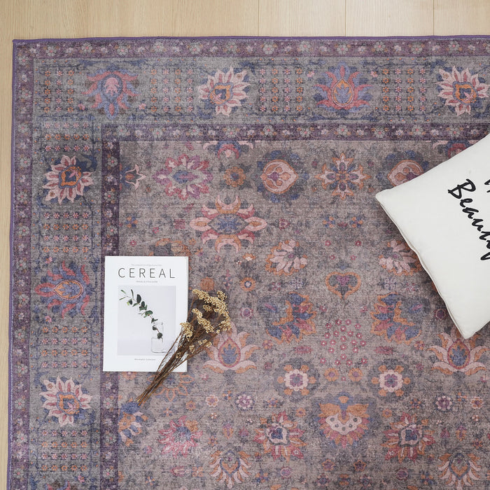 Aqua Brown Flora Washable Non-slip Low Pile Area Rug 5'x7'