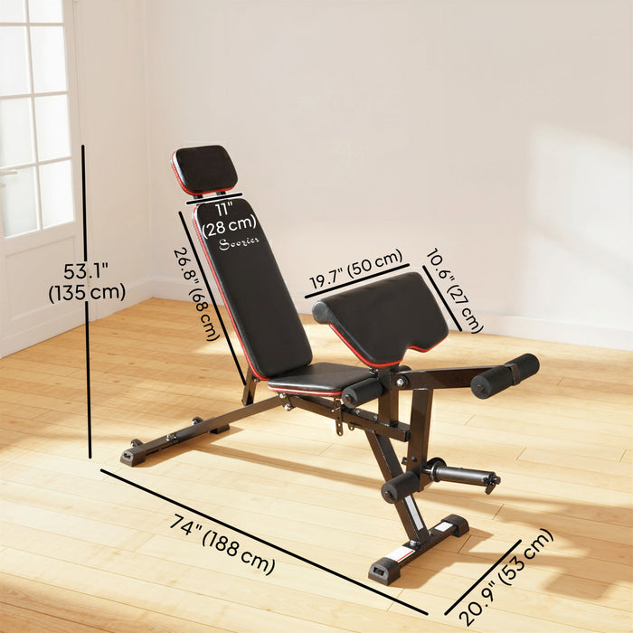 Soozier Adjustable Weight Bench with Wheels, 660LBS Workout Bench with Extended Headrest, Leg Extension, Preacher Curl Pad and Resistance Bands, Incline Flat for Home Gym