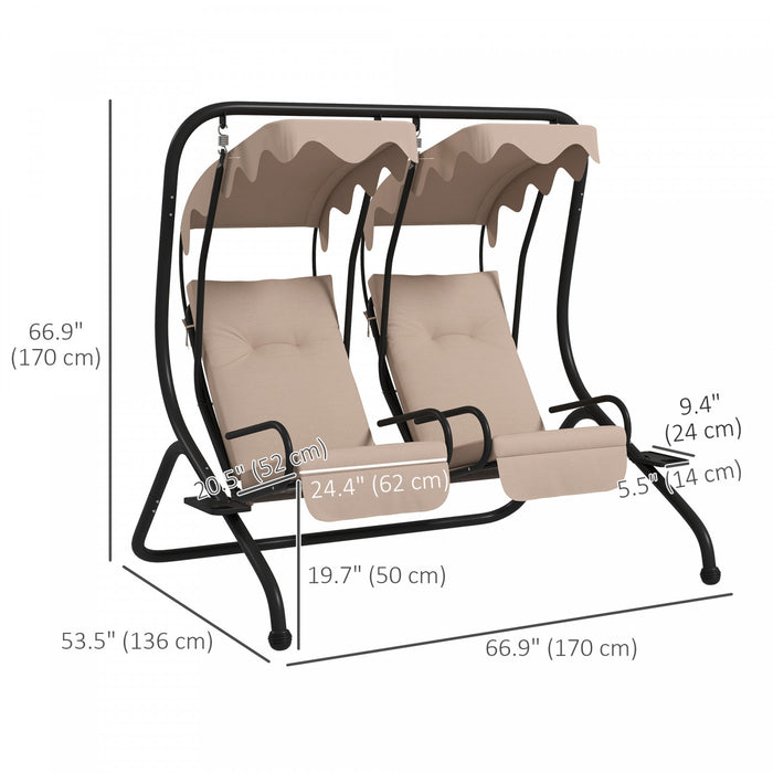 Outsunny 2-seat Patio Swing Chair W/ Removable Canopy & Cup Holders, Beige