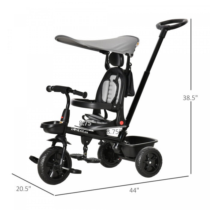 Qaba Kids Tricycle 4 In 1 Trike With Reversible Angle Adjustable Seat Removable Handle Canopy Handrail Belt Storage Footrest Brake Clutch For 1-5 Years Old Grey