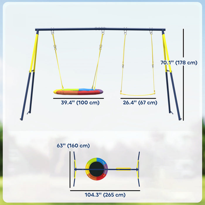 Qaba 2-in-1 Swing Sets for Backyard, 330 lbs Capacity Metal Outdoor Playset with A-Frame, Belt Swing, Saucer Swing and Adjustable Height, Ages 3-8, Multicolour