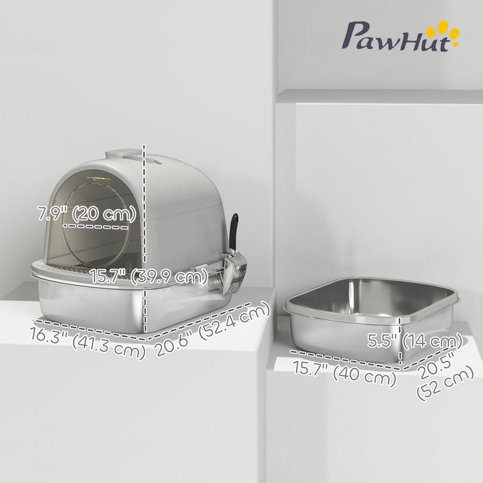 PawHut Stainless Steel Litter Box with Lid, Enclosed Cat Litter Box with Scoop, Deodorizer Bag, Handle, Odour Control, Non-Sticky and Easy to Clean, Grey