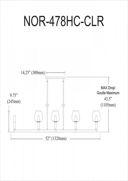 Dainolite Nora 8 Light Horizontal Chandelier Matte Black Clear Glass Lamp