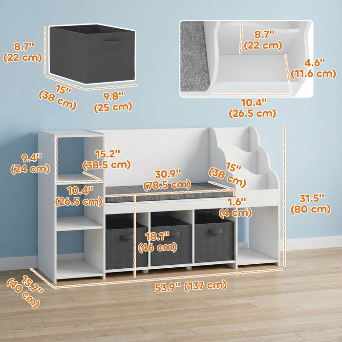Qaba Kids Storage Shelf with Reading Nook, Toy Storage Organizer with Seat Cushion, 3 Fabric Drawers, 3-Tier Bookcases and 4 Storage Cubbies for Bedroom, Playroom, Nursery, White