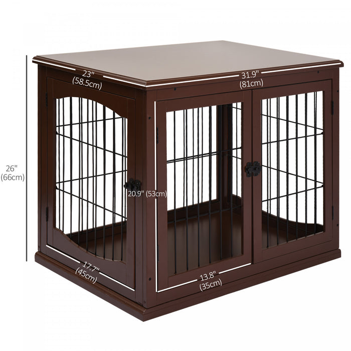 Pawhut 32\" Wooden Dog Crate Furniture Dog Cage, Modern Side Table Pet Kennel With Double Lockable Door, 32\" L X 23\" W X 26\" H, Brown
