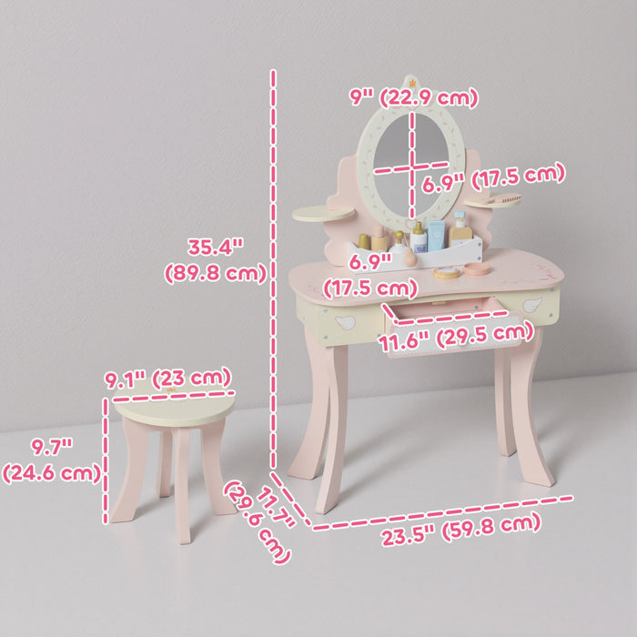 Qaba Kids Vanity Set, Girls Vanity Set with Mirror and Stool, 7 Pcs Make-up Accessories, Drawers, Desktop Storage, 2 in 1 Toddler Dressing Table and Chairs, Pretend Play, Pink