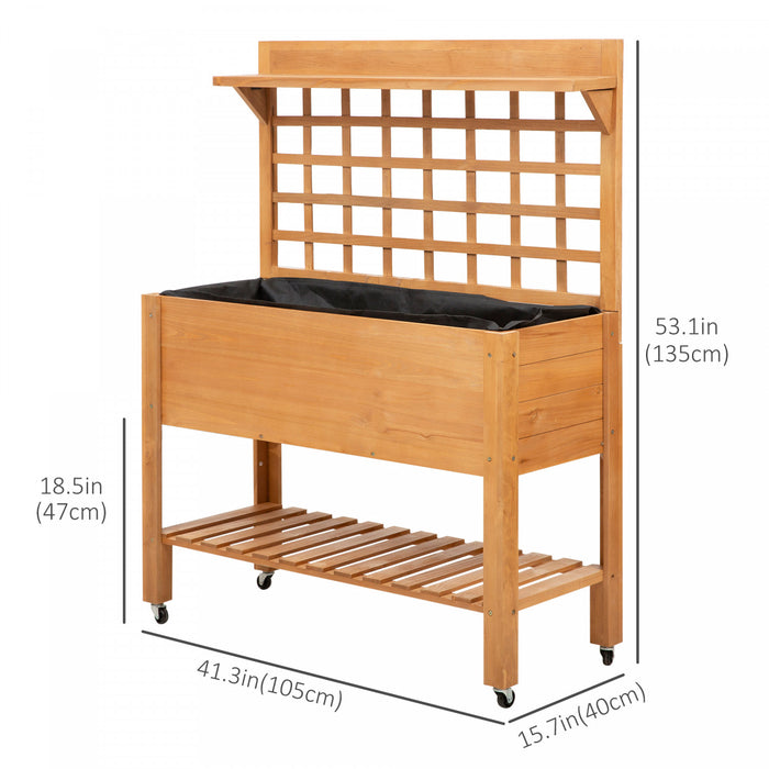 Outsunny Wooden Raised Garden Bed With Wheels And Brakes, Elevated Planter Box With Trellis And Shelves, For Growing Flowers, Vegetables, Herbs In Backyard, Garden, Patio, Balcony