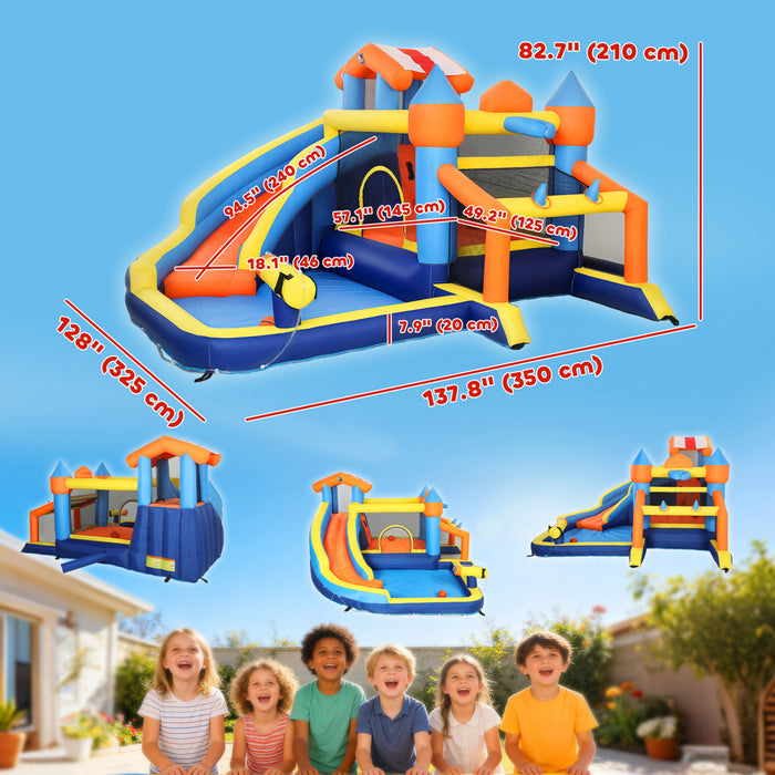 Qaba 8 in 1 Bouncy Castle for Kids, Inflatable Bounce House with Slide, Pool (Ball Pit), Climbing Wall, Basketball Hoop, Ring Toss, Water Cannon, Blower for Indoor Outdoor