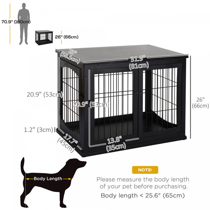 Pawhut 32\" Wooden Dog Crate Furniture Dog Cage, Modern Side Table Pet Kennel With Double Lockable Door, 32\" L X 23\" W X 26\" H, Black