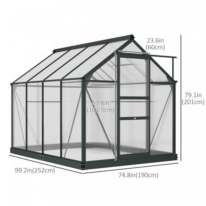 Outsunny 6' X 8' Clear Polycarbonate Greenhouse Walk-in Green House Garden Plants Grow Galvanized Base Aluminum Frame With Rain Gutter, Vent And Sliding Door, Grey