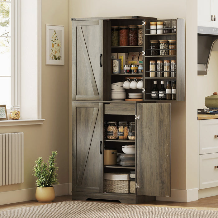 HOMCOM 72\" Kitchen Pantry Cabinet, Farmhouse Kitchen Storage Cabinet, Grey