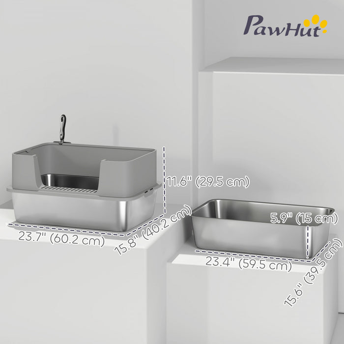 PawHut Stainless Steel Cat Litter Box, XL High Sided Cat Litter Box with Scoop, Anti Leakage & Easy to Clean, Pet Toilet for Big Kittens, 24\" x 16\" x 12\", Grey