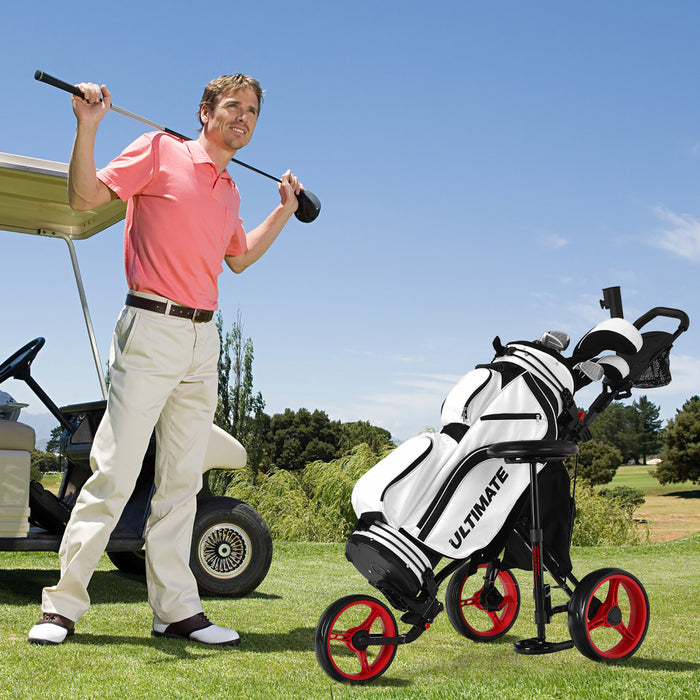Goplus Folding 3 Wheels Golf Push Cart W/seat Scoreboard Adjustable Handle Red