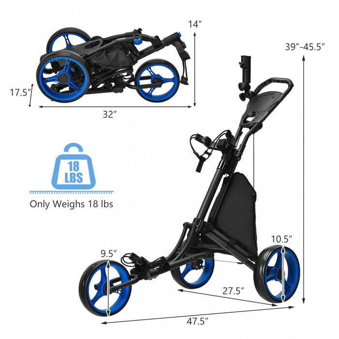 Goplus Folding 3 Wheels Golf Push Cart W/bag Scoreboard Adjustable Handle Blue