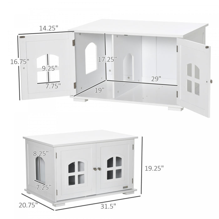 Pawhut Cat Litter Box Enclosure Hidden Cat Furniture Cabinet Indoor Cat Washroom Double-door Nightstand End Table With Cat Hole Window White