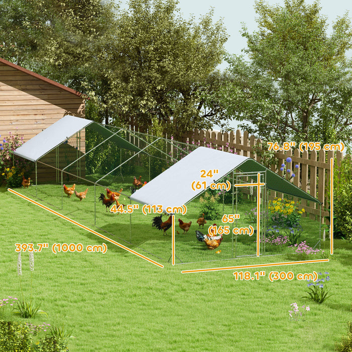 Pawhut Metal Chicken Coop, Walk-in Large Chicken Run, Poultry Cage For 30-40 Hen, Duck, Rabbit With Water- And Uv-protection Cover, For Backyard, Garden, 9.8' X 32.8' X 6.4'