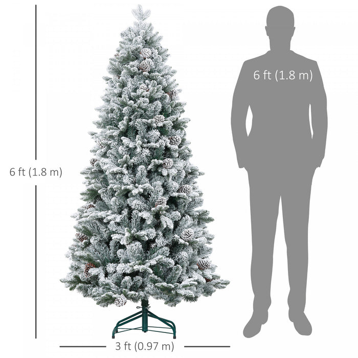 Homcom 6 Ft Artificial Christmas Tree With Flocked Tips, Pinecones, Hinge