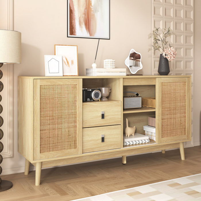 Oliver 61\" Sideboard Cabinet with Rattan Sliding Doors and Drawers,Natural Accent Cabinet