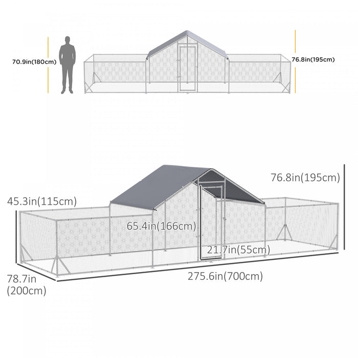 Pawhut Chicken Run, 23' X 6.6' Metal Chicken Coop With Waterproof And Anti-uv Cover, Spire Roof, Door, For 12-14 Chickens, Ducks, Rabbits, Sliver