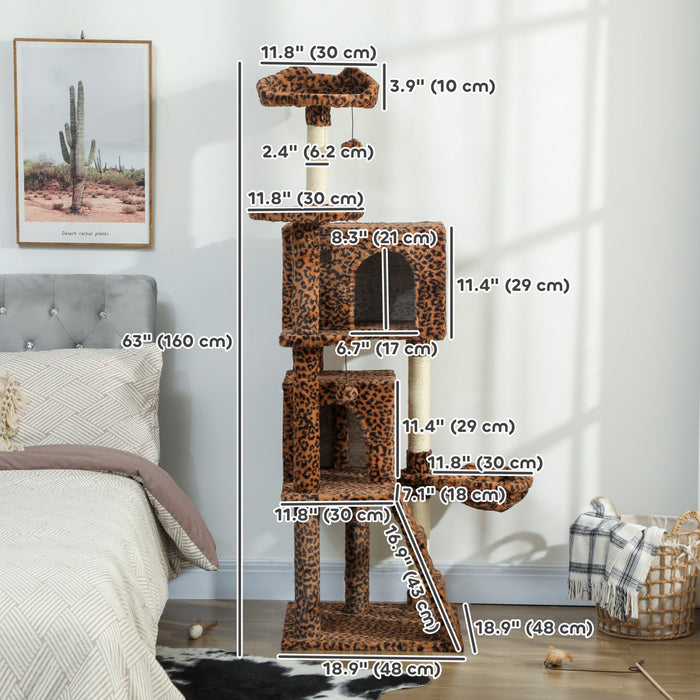 PawHut Cat Tree, 63 Inch Multi-Level Large Cat Tower with Sisal Scratching Posts, Condos, Plush Perches, Hammock, Ladder, Dangling Balls, for Indoor Kittens, Leopard Print