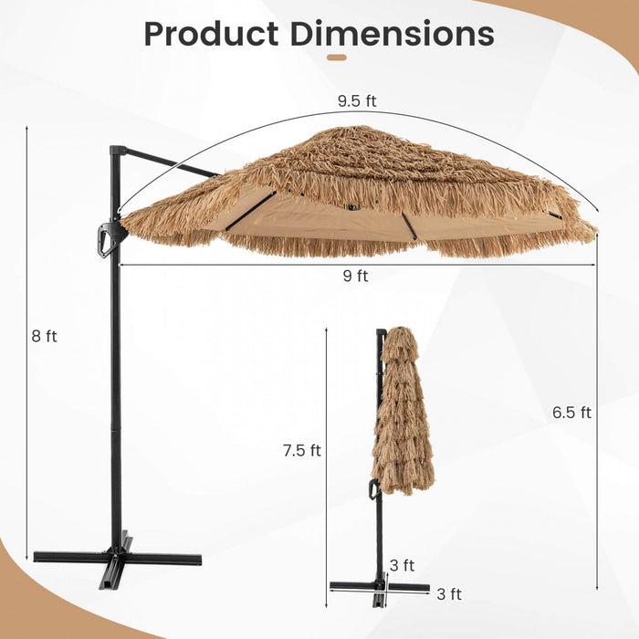 Costway 9.5 FT Cantilever Hula Tiki Thatch Patio Umbrella with Vented Top, 8-Layer Thatch