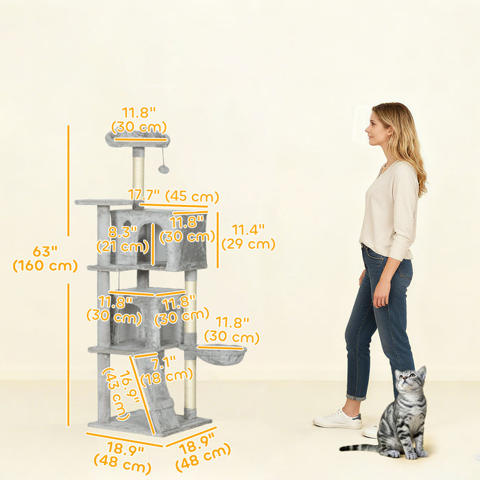 PawHut Cat Tree, 63 Inch Multi-Level Large Cat Tower with Sisal Scratching Posts, Condos, Plush Perches, Hammock, Ladder, Dangling Balls, for Indoor Kittens, Light Grey