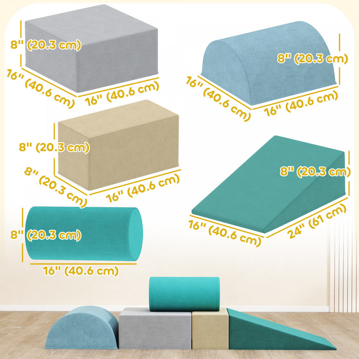 Qaba Climbing Toys For Toddlers, 5-piece Soft Foam Climbing Blocks Set With Removable Cover, Indoor Activity Play Set For Crawling, Sliding And Playing, Blue/green