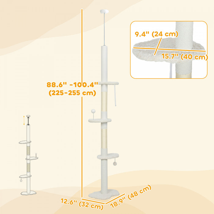 PawHut Floor to Ceiling Cat Tree with Scratching Posts, 88.5\"-100.5\" Adjustable Height Cat Tower with Cloud Shaped Platforms, Dangling Balls, Cream