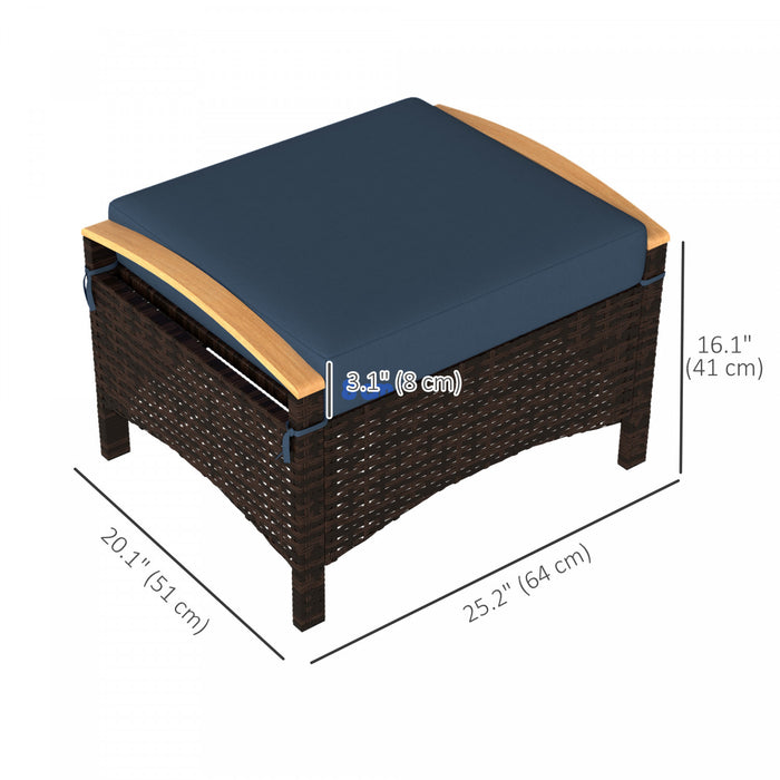 Outsunny 2 Pieces Wicker Outdoor Ottoman Footstool, Removable Cushion, Blue
