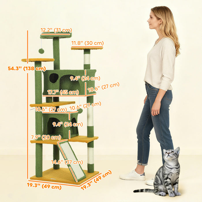 PawHut 54\" Cat Tree, Cat Tower for Indoor Cats with Scratching Posts, Cat Condos, Bed, Platforms, Ramp, Toy Ball, Cat Activity Center, Green