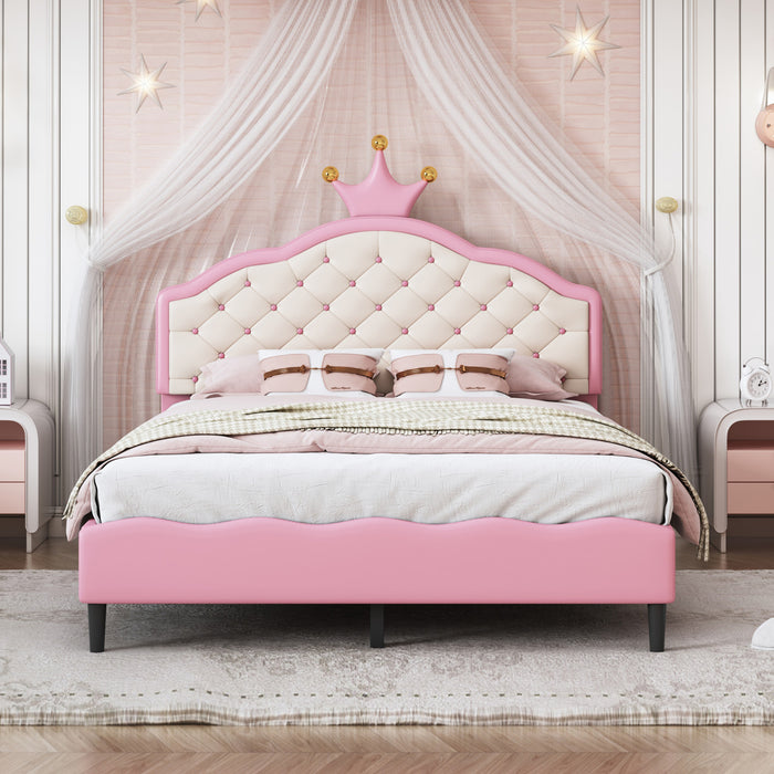 Lily Lovely Crown Fantasy Princess Bed with Tufted PU Leather Headboard,Full Size Full Bed