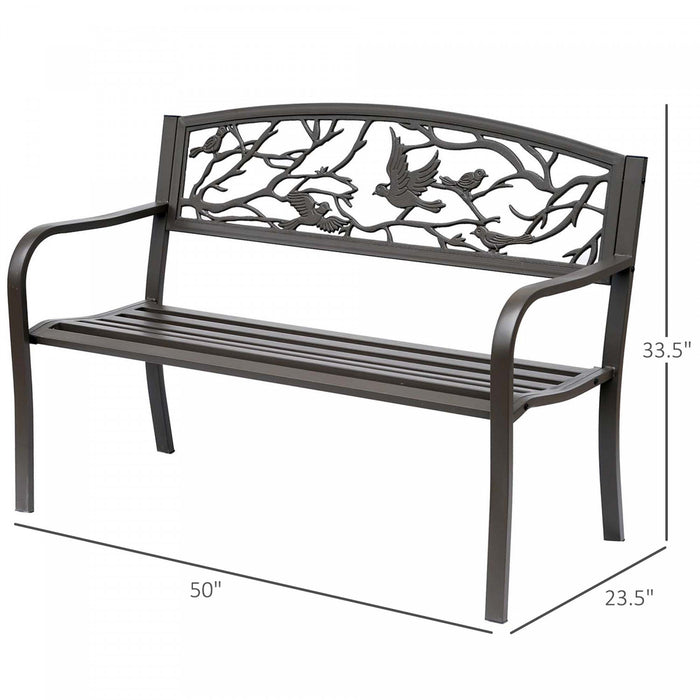 Outsunny 50\" Outdoor Metal Garden Bench With Vintage Bird Pattern, Brown