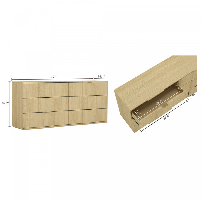 Clive Mid-Century Modern 72\" Dresser in Natural Oak and Gold (6-Drawer)