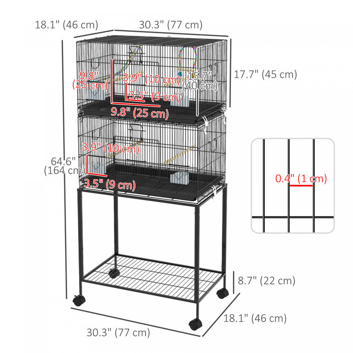 Pawhut Birdcage For Canaries, Lovebirds Finches, Budgie Cage With Wheels, Removable Tray, Bottom Mesh Panel, Wooden Perches, Swing, Ramp, Food Containers, 30\" L X 18\" W X 65\" H