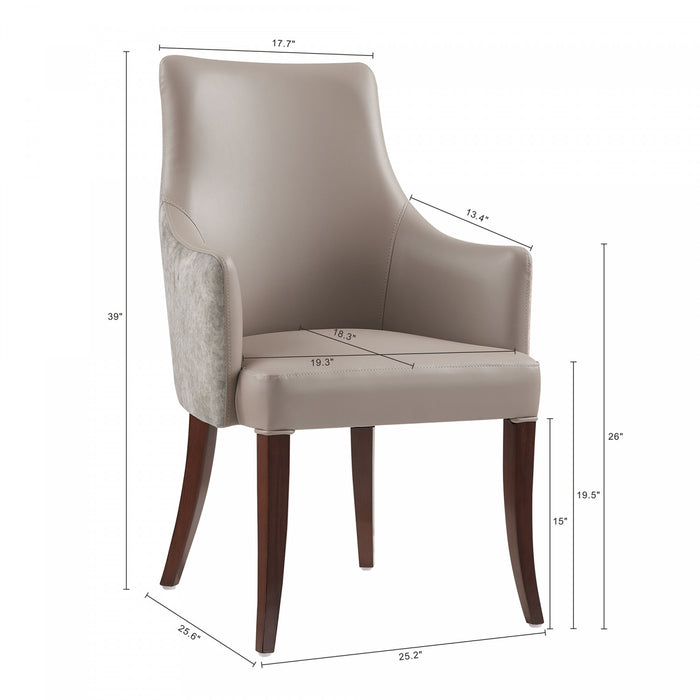 Connie Modern Vegan Leather and Velvet Wood Armchair in Taupe - Set of 2 Dining Chair