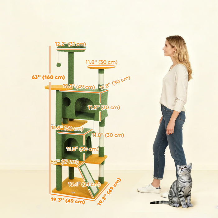 PawHut 63\" Cat Tree, Cat Tower for Indoor Cats with Scratching Posts, Cat Condos, Bed, Platforms, Ramp, Toy Ball, Cat Activity Center, Green
