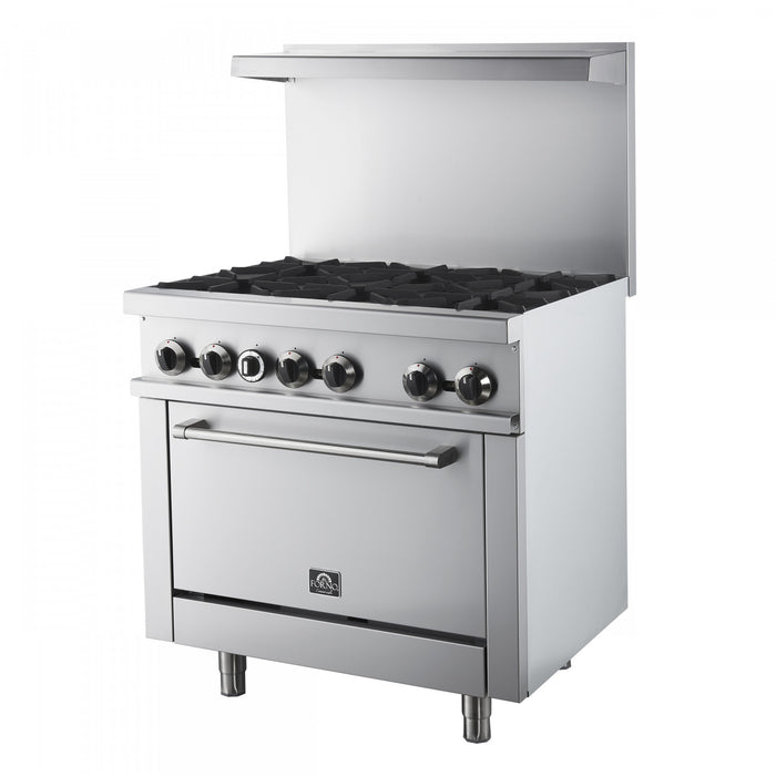 FORNO Commerciale 36 Inch Stainless Steel Gas Range, 6 Burners, 180,000 BTU Total - FCMGR0093-36