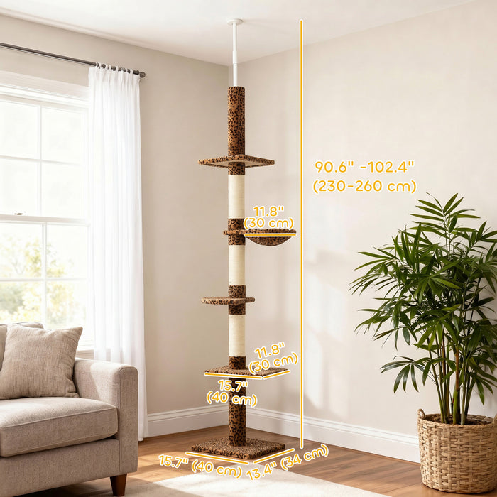PawHut 91\"-102\" Cat Tree, 5-Tier Floor-to-Ceiling Cat Tower Kitty Activity Center w/ Scratching Post, Cozy Hammock Play Rest Post Pet Furniture for Jumping Climbing, Leopard Print