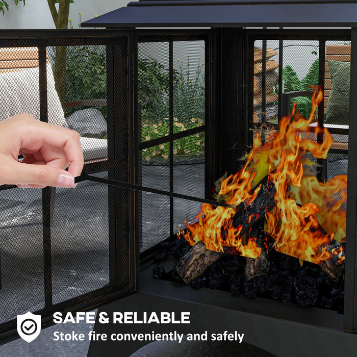 Outsunny 28\" Fire Pit With Poker, Chimney Style Wood Burning Firepit, Black