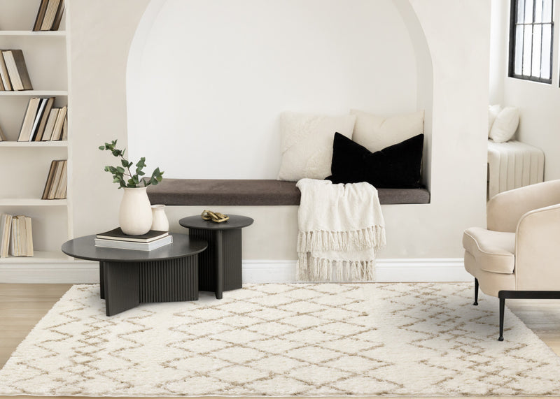 Taylor Cream Brown Lattice Shag Rug, 6'7\" x 9'6\" Indoor Area Rug