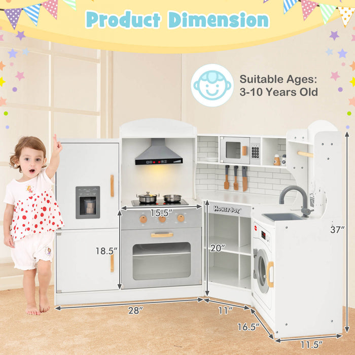 Costway Corner Play Kitchen Toddler Kitchen Playset With Range Hood, Ice Maker, Microwave
