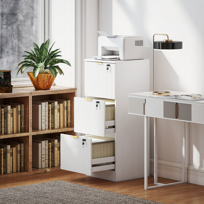 HOMCOM 3 Drawer File Cabinet Fluted Vertical Filing Cabinet with Lock White